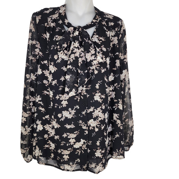 Daniel Rainn Blouse Women Large V Tie Neck Floral Print Button Sheer Long Sleeve - Picture 1 of 12